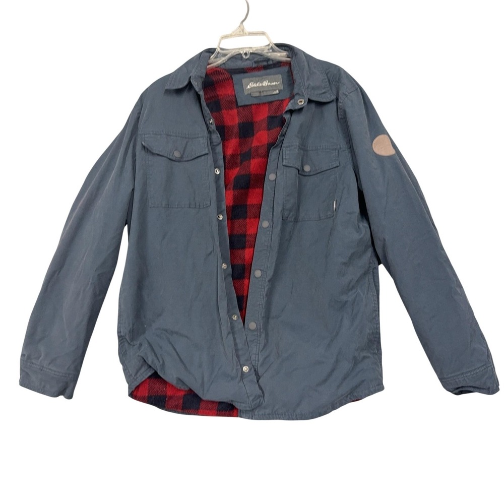 Eddie Bauer Jacket Mens Medium Blue Plaid Lined Snap Canvas Shacket Workwear